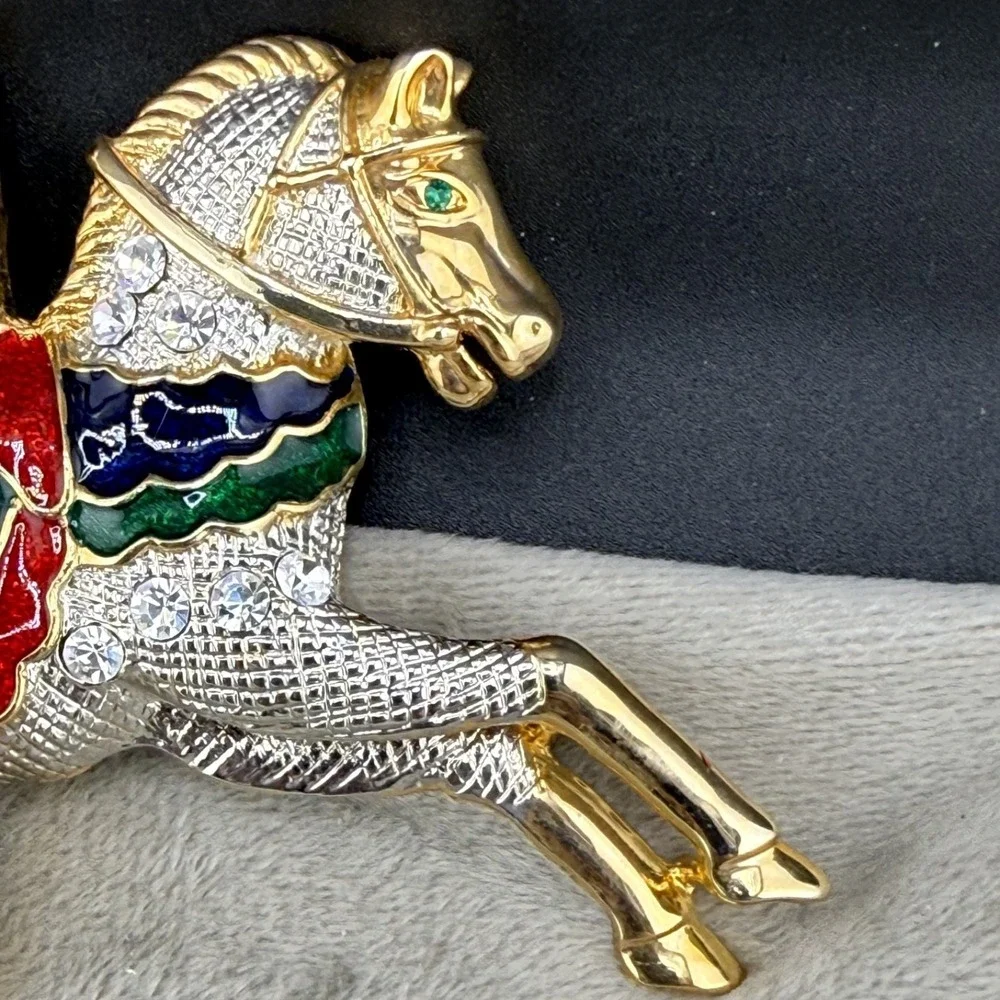 Vintage Estate Brooch Carousel Horse Gold Enamel Rhinestone Large 4in